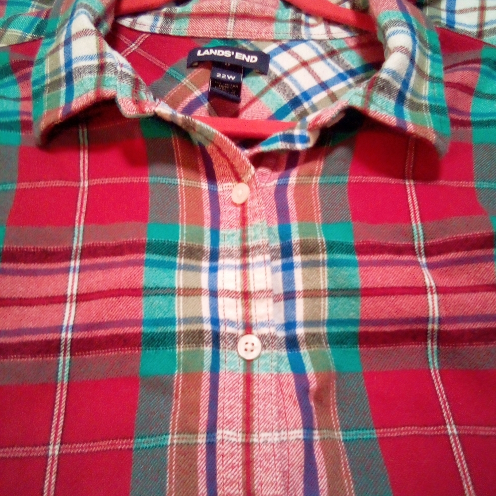 Lands' End Womens Plaid Flannel 100% Cotton Long Sleeve Shirt 22W Red Multi